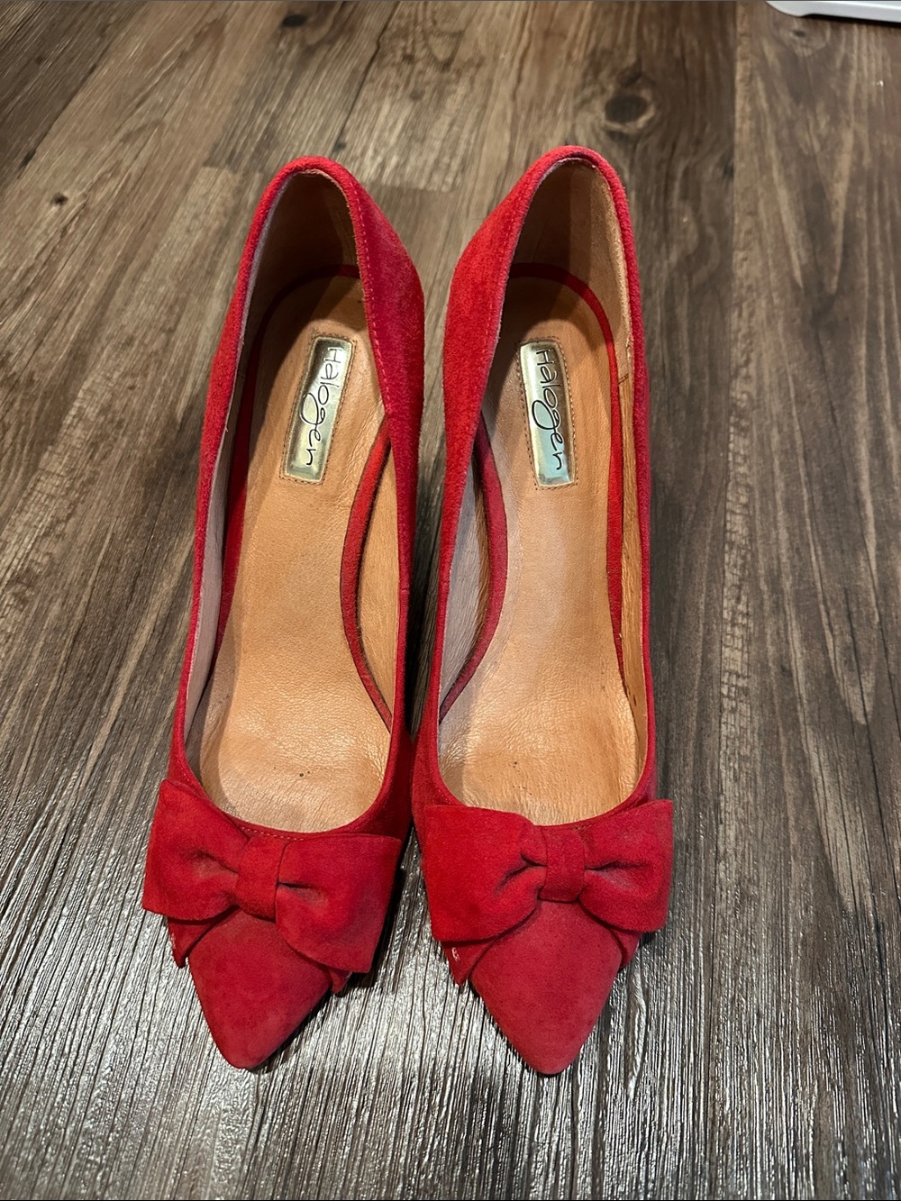 Halogen Red Suede Pointed-Toe Pumps with Bow Accent